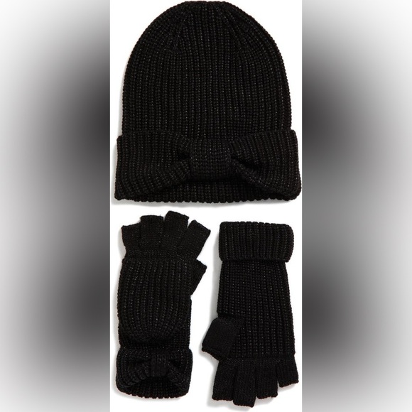 Kate Spade ♠️ Knotted bow beanie & gloves set, BLACK, Size One Size, NWT - Picture 2 of 3